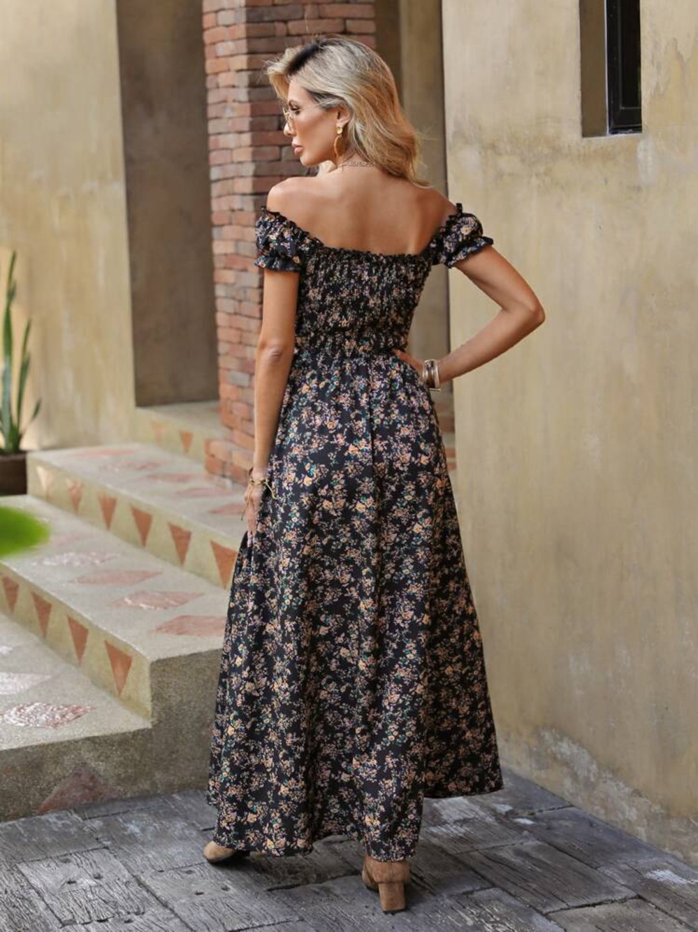 SHEIN Vacay Long Off Shoulder Flowy Floral Maci Dress Slit Blue Tan Size Large